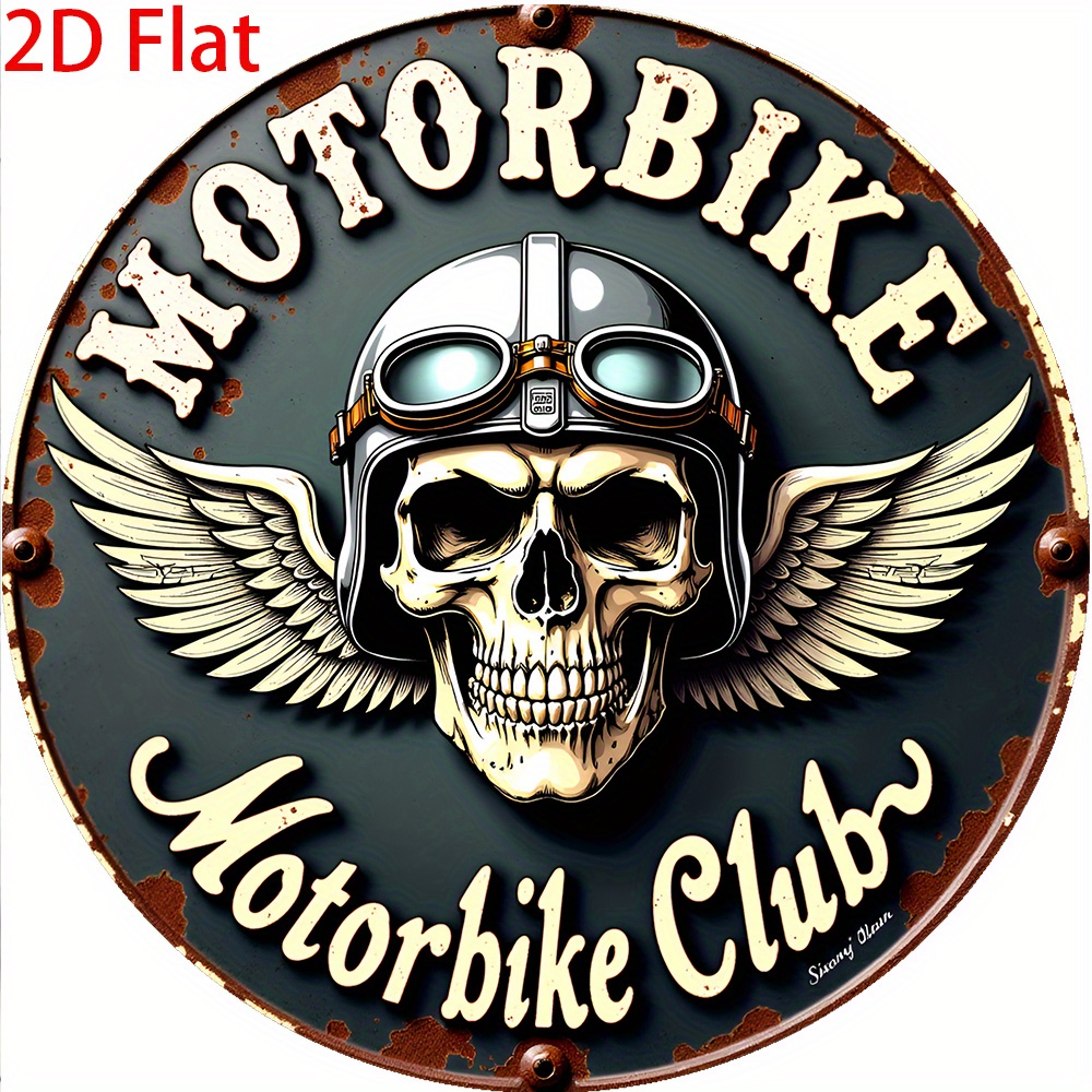 TEMU 2d Flat, 2d Flat Retro Motorcycle Club Metal Sign - Head Helmet Decor - Durable Aluminum , Suitable For For Man Cave, Bar, Motorcycle Shop -