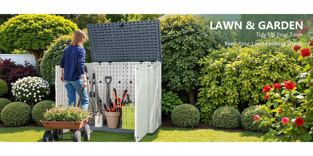 Devoko 34 Cu Ft Resin Outdoor Storage Shed - Waterproof Double Lock Security, No Shelf Design for Trash Can, Garden Tools & Pool Supplies, Durable Weather-Resistant Beige Organizer with Ventilation & Easy Assembly, Outdoor Storage Shed, Tool Organization, Ventilated Design, Sturdy Construction, Storage Sheds