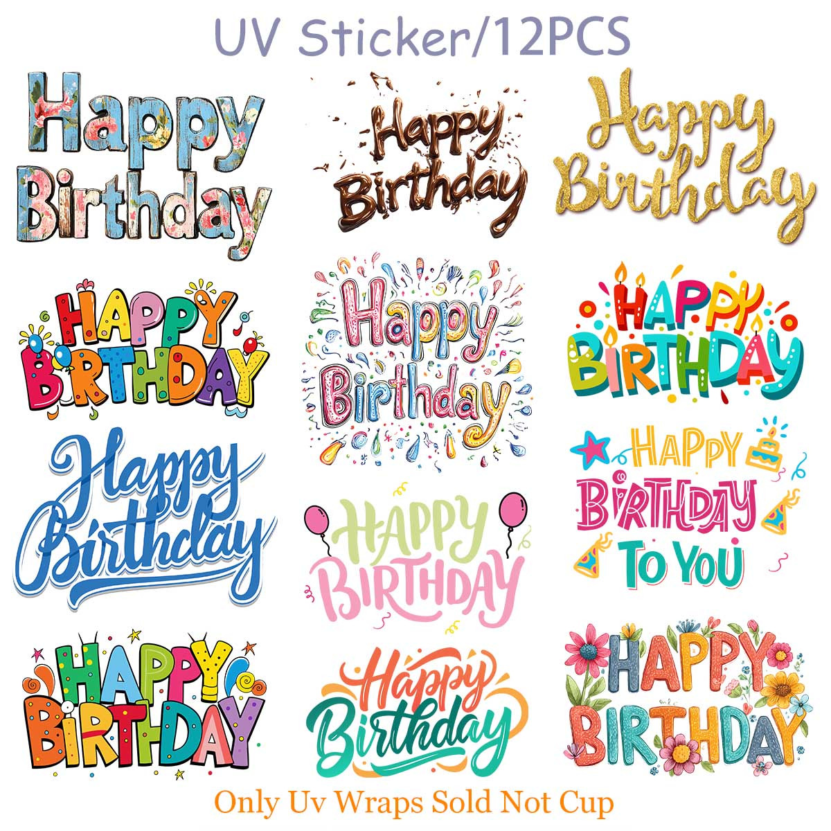 TEMU 12pcs Birthday Blessing Theme Uv Transfer, - Suitable For Crafts, Mugs, Water Bottles, Self-adhesive Plastic, Mug Decoration, Home Decoration,