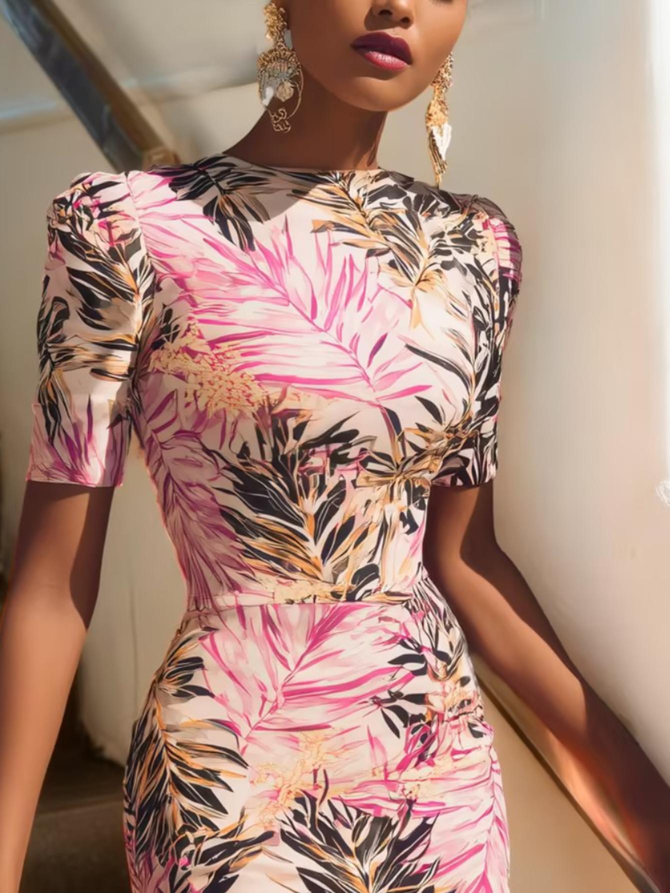   directional elegant ladies printed dress tropical leaves print   sleeve bodycon dress womens summer   pencil skirt