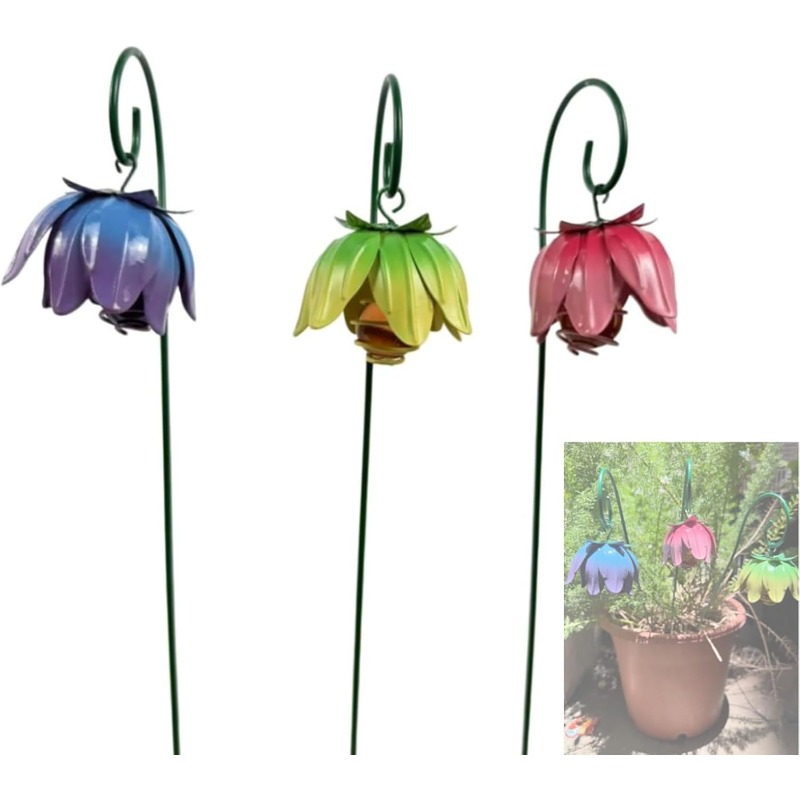 TEMU 【2d Flat】 [2d Flat] 3pcs Metal Flower Garden Stakes, Colorful Bell Bloom Yard Decorative Sticks With Crystal Suncatcher, Iron Art Outdoor Patio