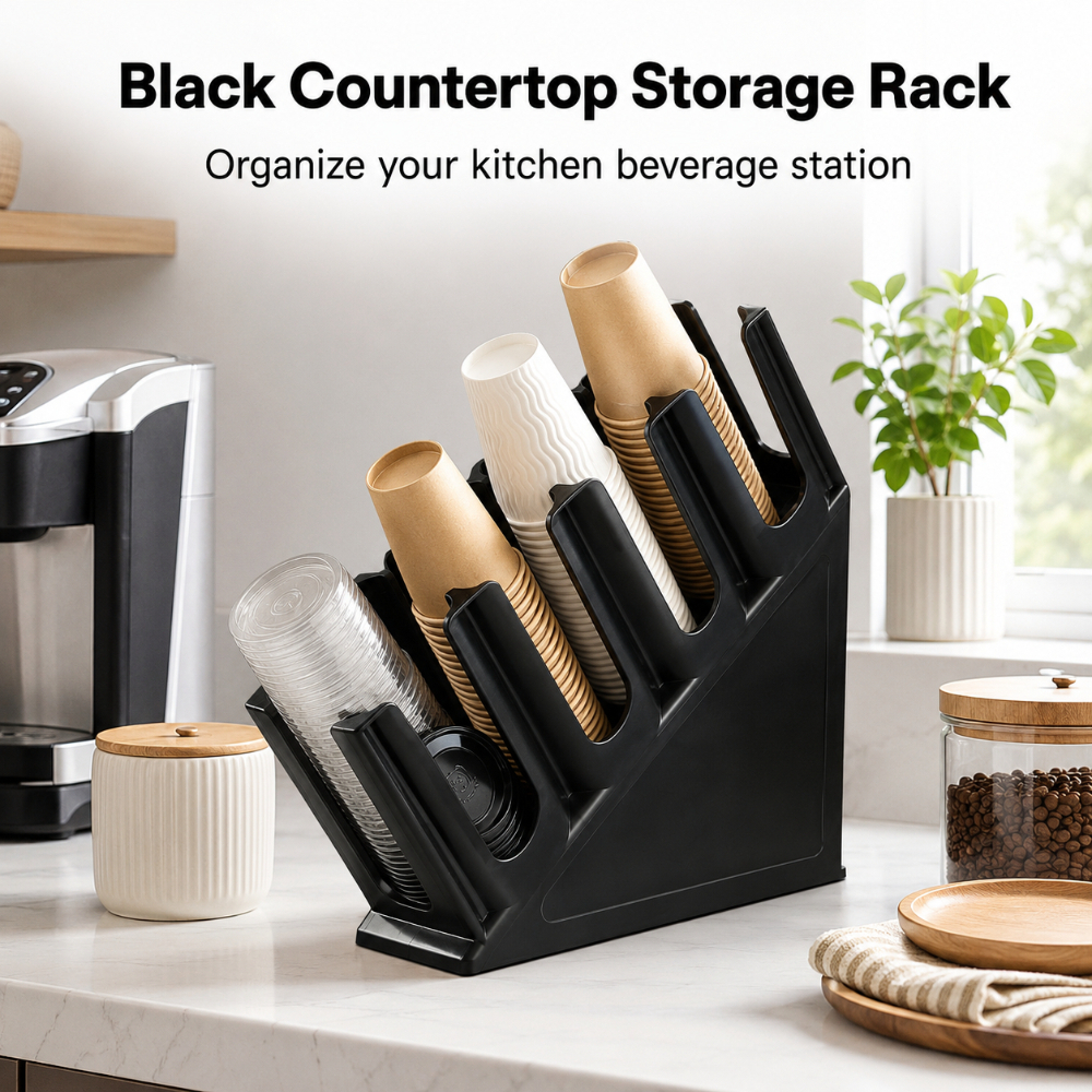 TEMU Integrated Cup And Lid Storage Organizer, Black Countertop Storage Rack, Beverage Cup Arrangement Holder For Coffee Station, Kitchen And Office