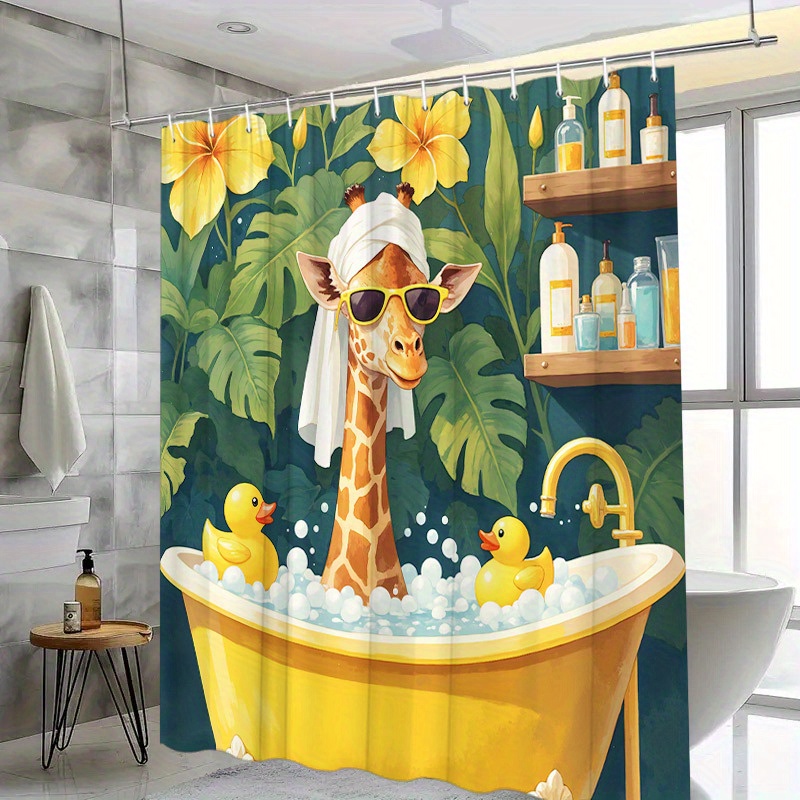 TEMU 1pc Giraffe Bathtub Shower Curtain Giraffe Wearing Glasses In Yellow Bathtub With Bubbles Modern Bath Decor Including 12 Hooks 70.8x70.8inches