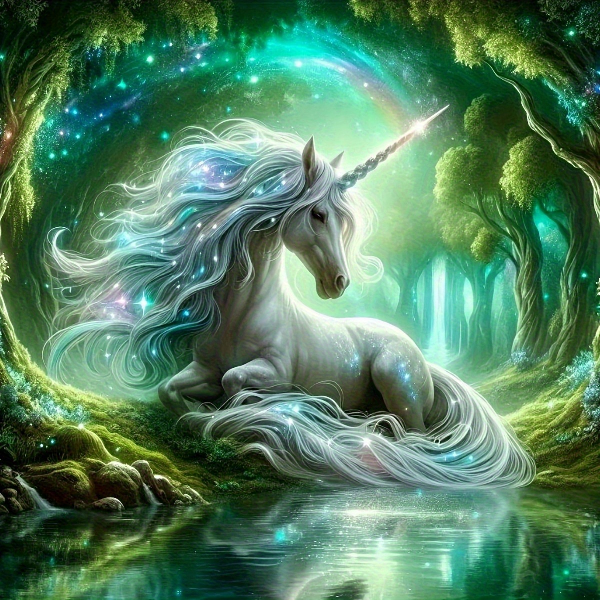 TEMU Giant Unicorn Diamond Painting Kit - 15.7x15.7 Or 19.7x19.7 Inches, Unframed, Horse With Rainbow And Scene, Acrylic Inlay, Round Suitable For