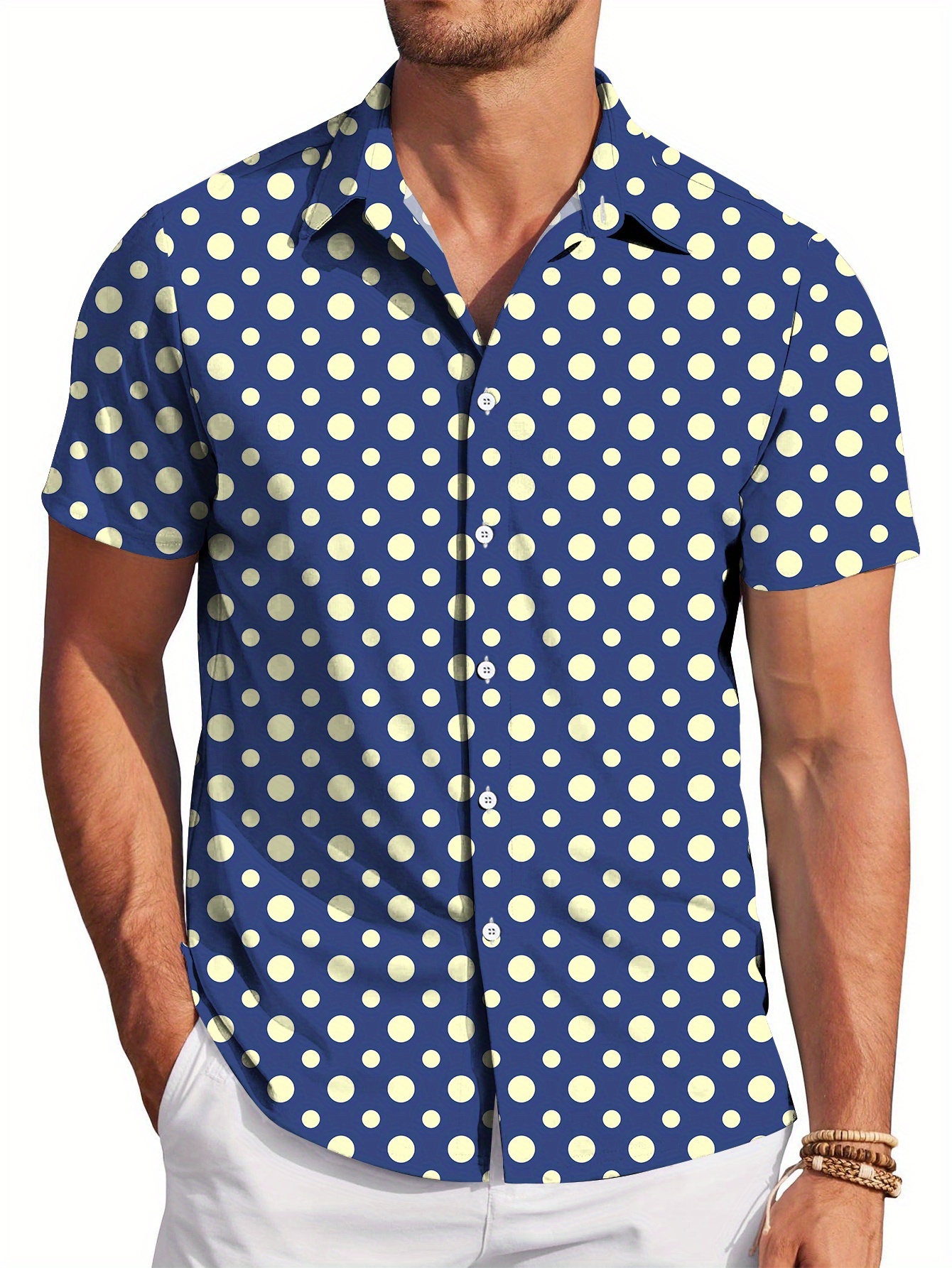 mens short sleeve button shirt blue white polka dots polka - Temu