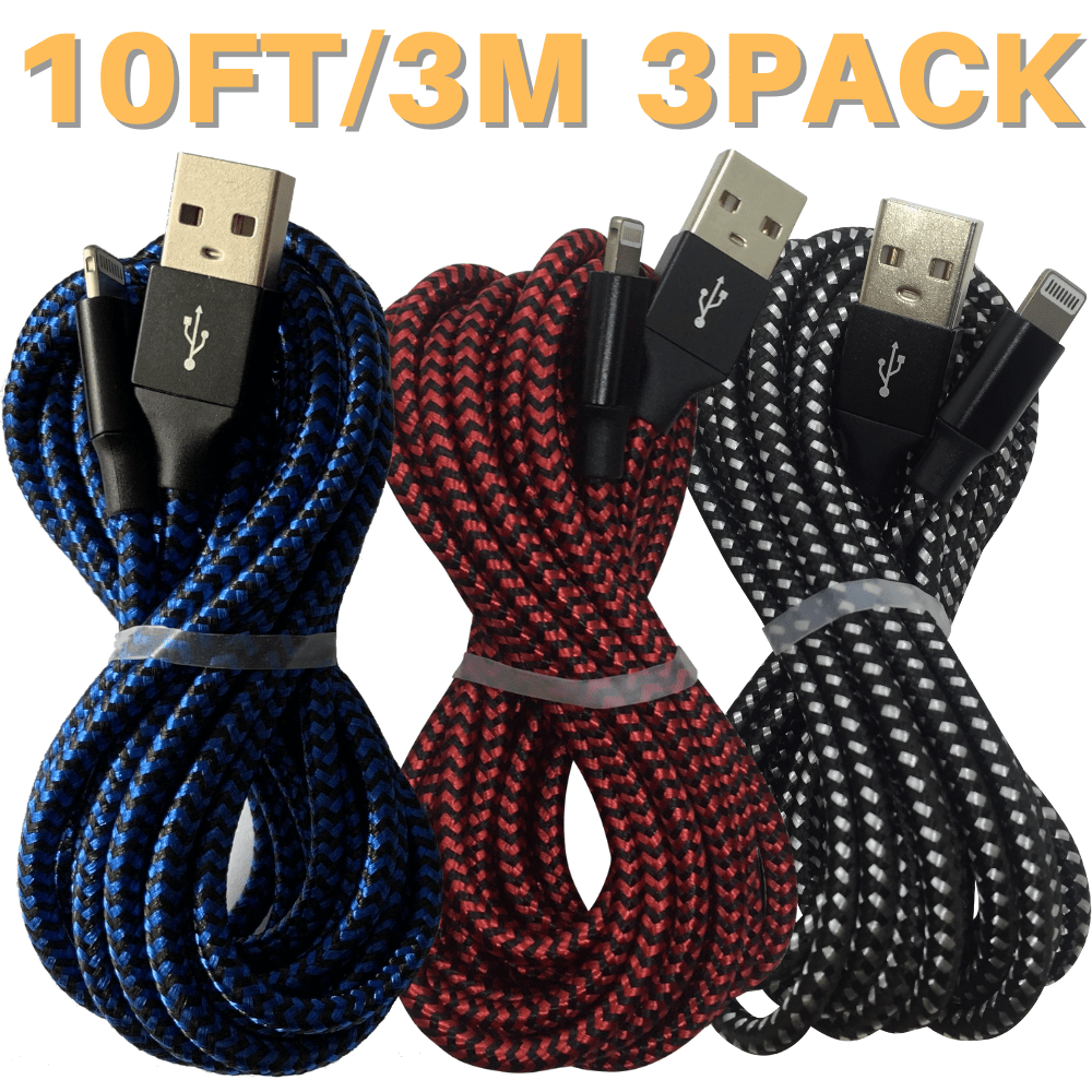 

3pcs Mfi 10ft/ For Iphone 14 11 Pro Xr 8 7 Se Charger Heavy Duty Usb Fast Charging Data Lightning Cable Cord