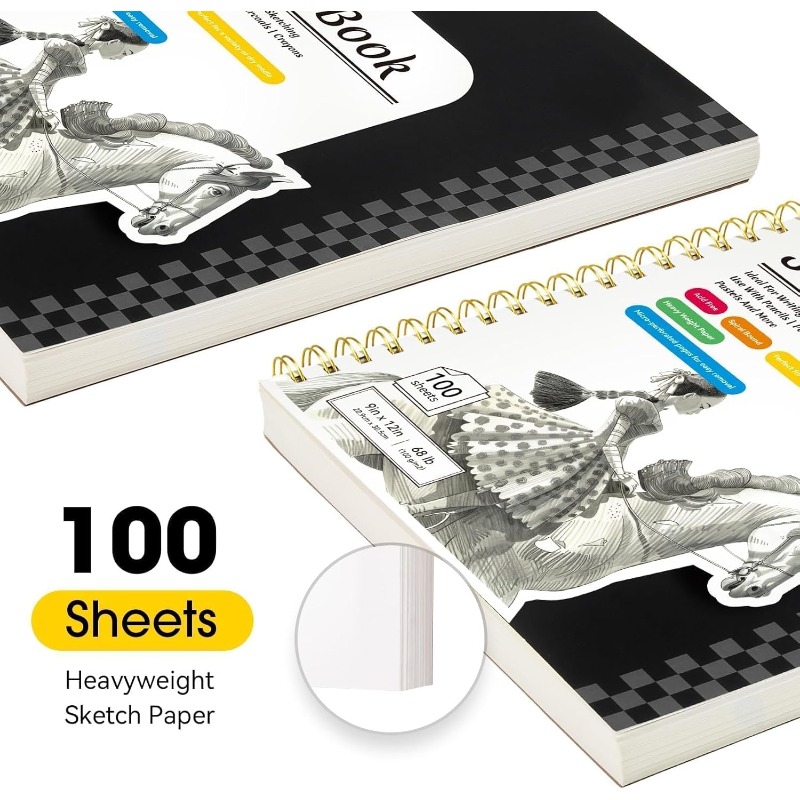 9 x 12 Spiral Sketch Book with Bookmark Ruler, 100 Sheets