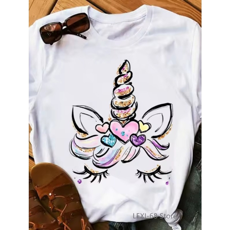 

Unicorn Graphic Tee For Women - Soft & Stretchy Polyester , Crew Neck, Short Sleeve Casual Top - , Machine Washable