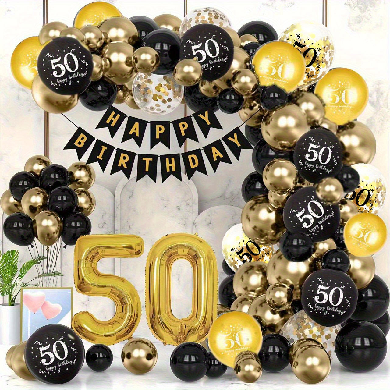 Black & Gold Birthday Banner Kit With Tissue Pom Poms - Party Decorations Set