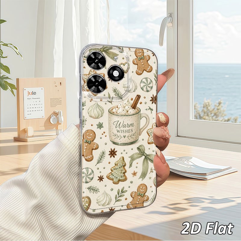 품목 사진 폰 케이스: 2d 평면 진저브레드 컵 장식,   폰 케이스  8, spark6go, 8c, 9, 10c, spark20 , spark20, 20c, sparkgo2020, sparkgo2021, sparkgo2022, sparkgo2023, sparkgo2024 호환. 심플한 디자인의 풀커버 tpu, 새해, 크리스마스, 할로윈 장식 및 휴일 선물용 선물로 적합, 2d 평면