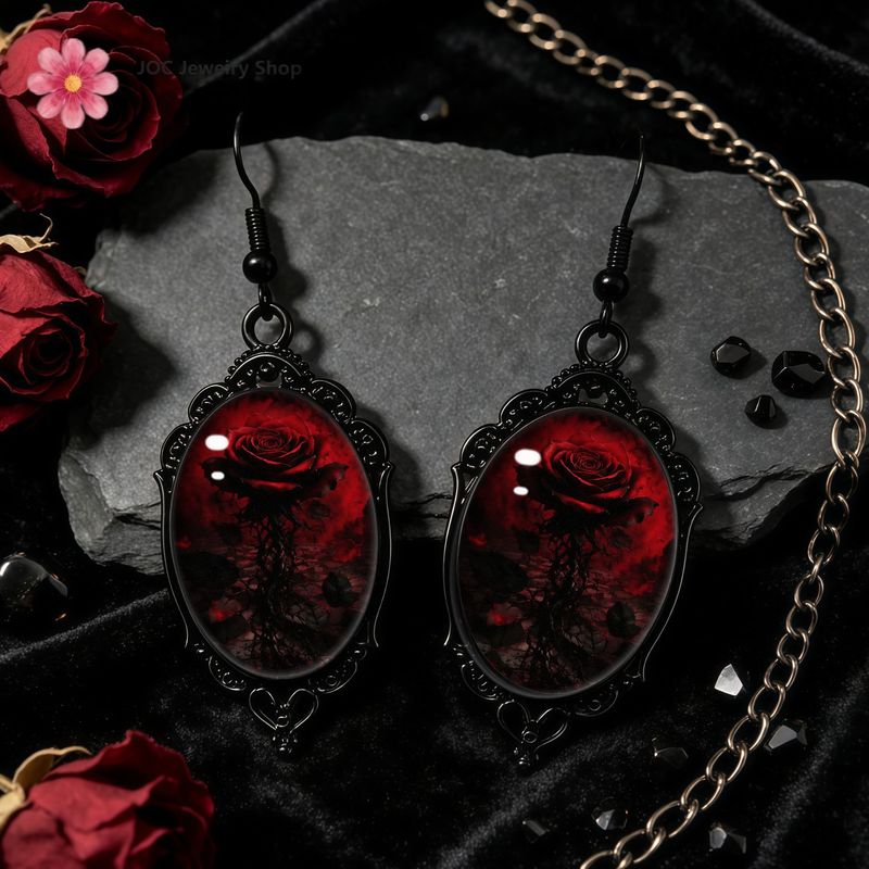TEMU Gothic Red Rose Earrings Suitable For - Vintage Black Dangle Earrings With Gunmetal, Jewelry Gift For Party, Halloween, Cosplay, Anniversary,
