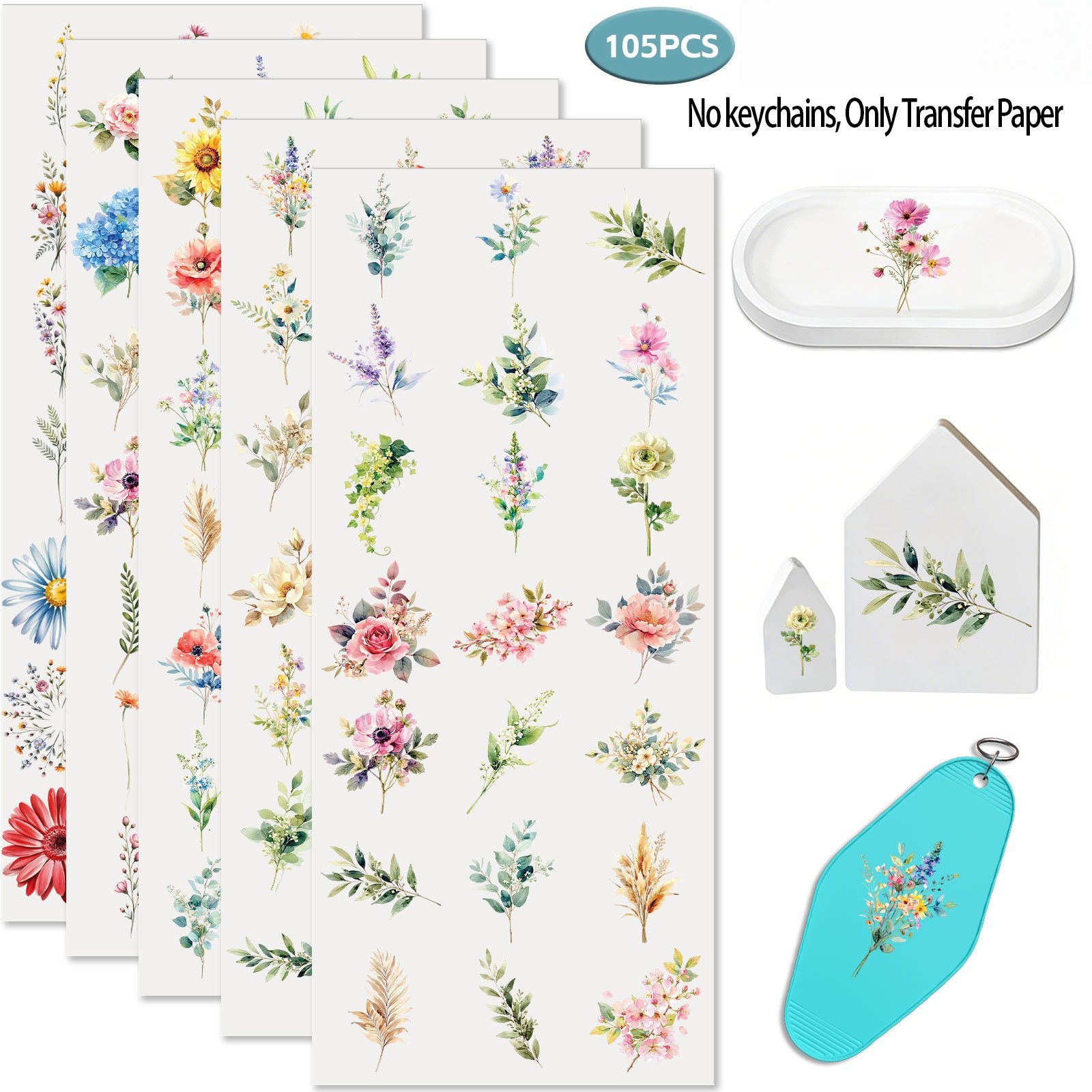 TEMU 105pcs Floral Watercolor Series, Flowers And Leaves Style Uv Dtf Keychain Debossed Transfer, Suitable For Small Decorative For Planners And