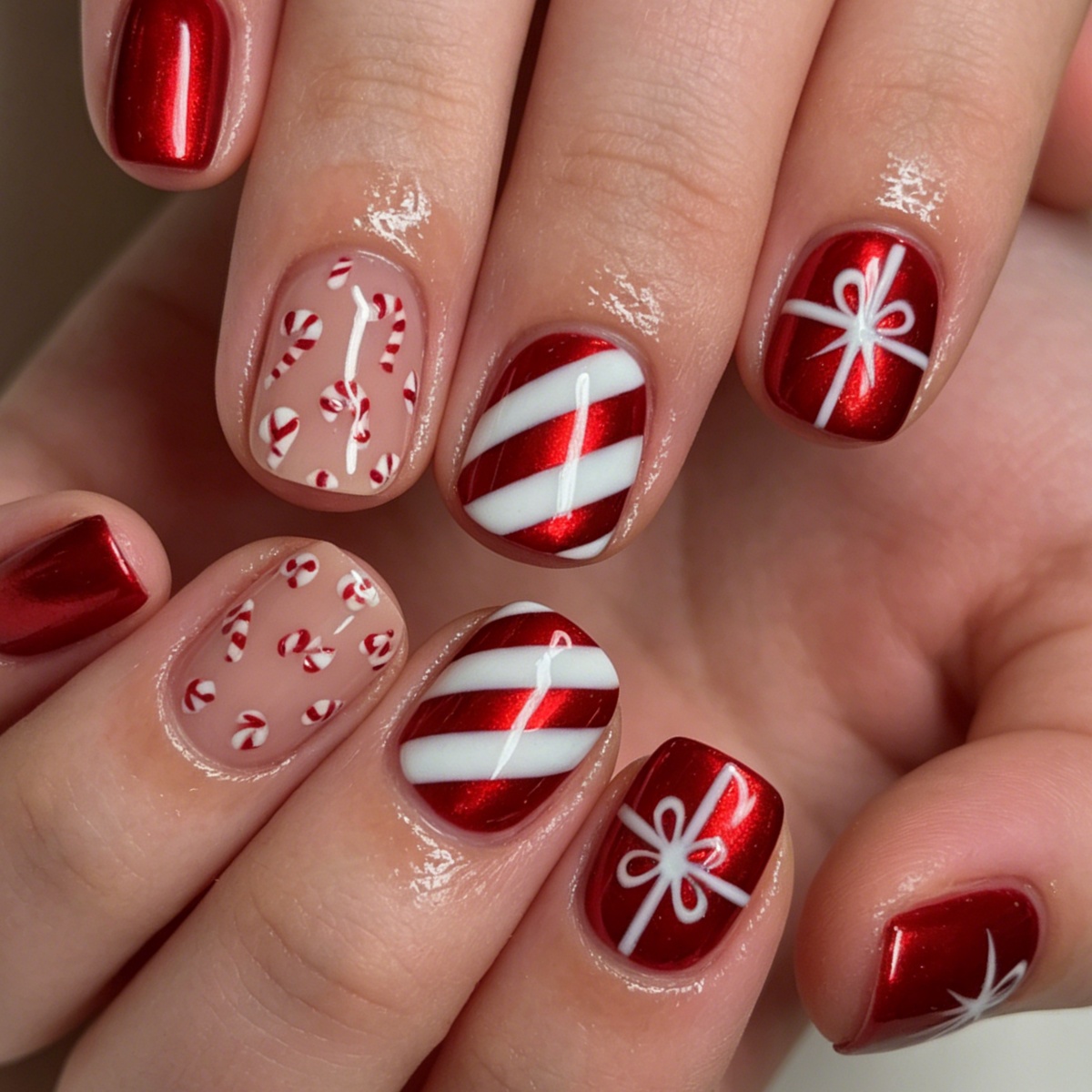 TEMU 24pcs Short Square Press-on Nails Suitable For Women - Christmas Bow & Candy Cane False Nails With Short Length, Glossy, Reusable Fake Nails For