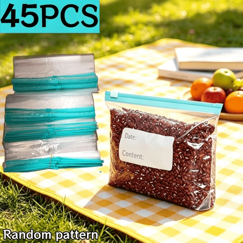 TEMU 45pcs Sacs de conservation alimentaire à verrouillage coulissant, réutilisables, épaissis, transparents et refermables avec étiquette pour