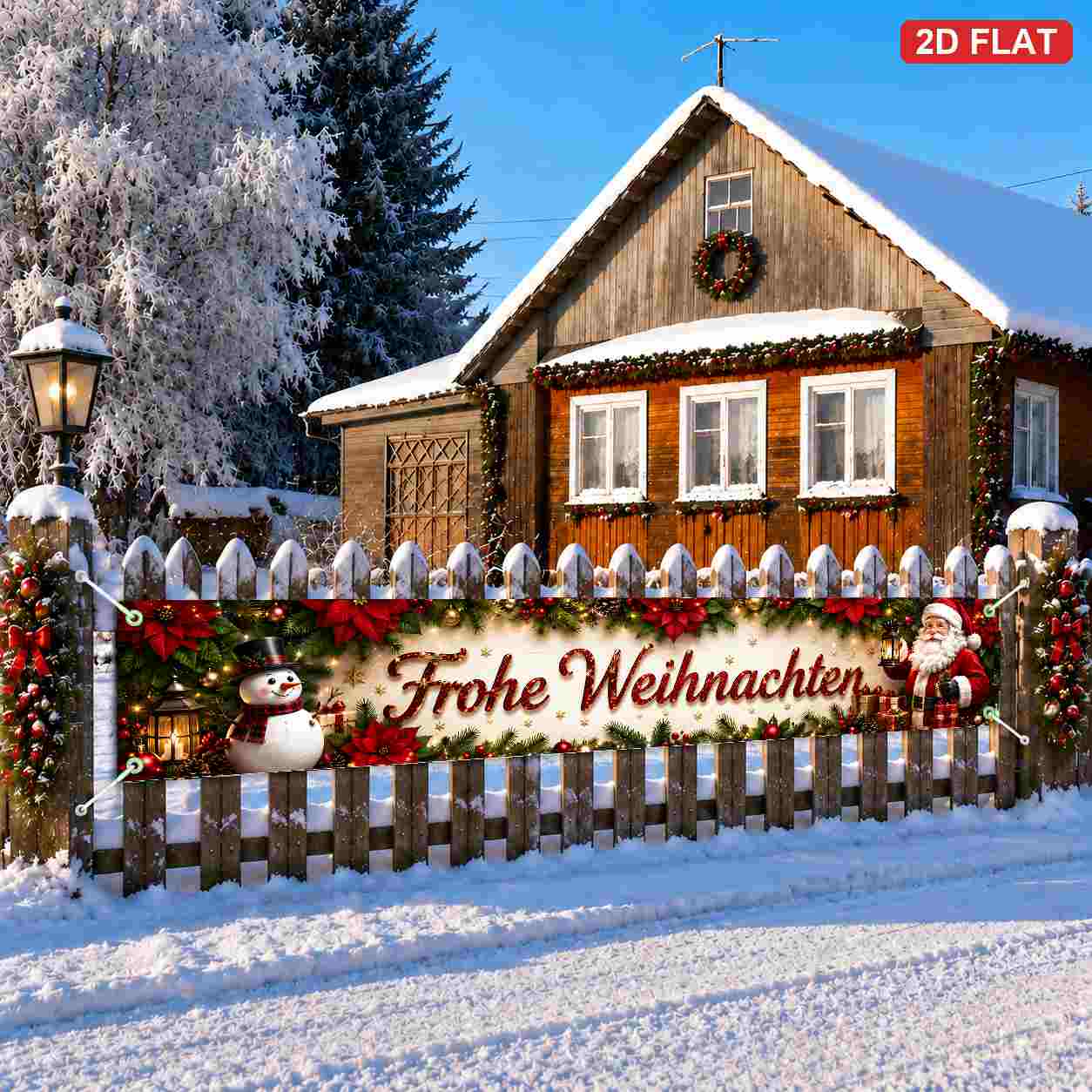 TEMU 2d Flat, 2d Flat - 2d Flat, 2d Flat - 2d Flat Banner, 1pc, German Merry Christmas Yard Sign Party Banner, Polyester Red Flowers, Pine Branches,