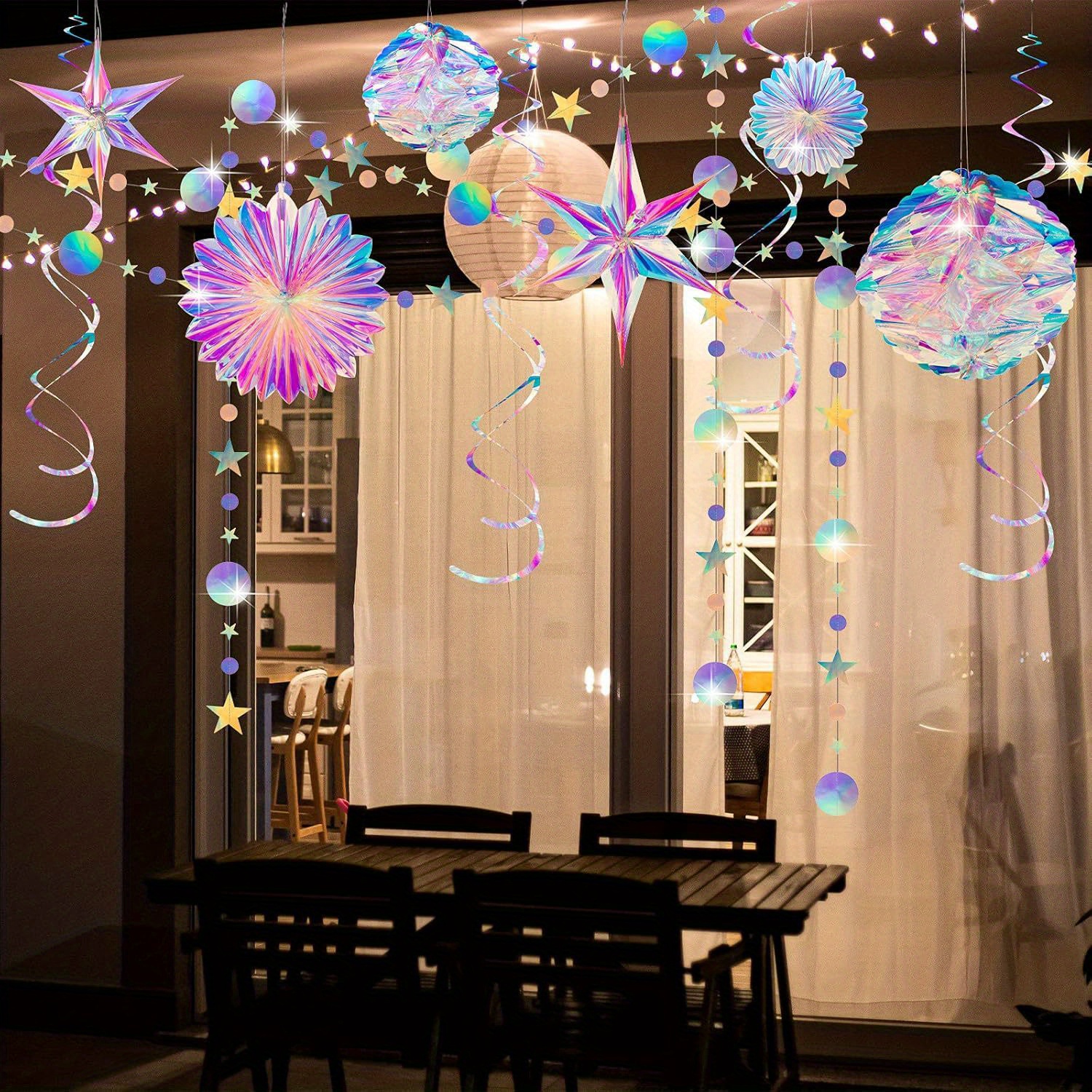 1 Set 29pcs Iridescent Holographic Party Supplies Kit With Hanging Honeycomb Ball Decorative Paper Fan Snowflake Garlands Hanging Swirl Decorations For Birthday Wedding Party Home