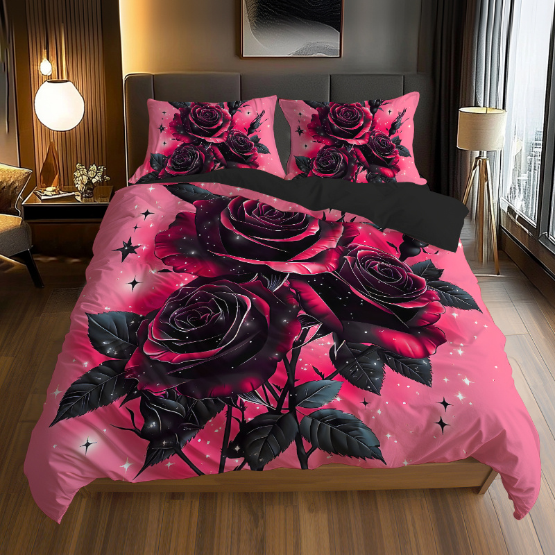 2/3pcs 2d Flat Valentine's Day, Purple Rose Series, Universal Black Background Floral Pattern Bedding, Using Brushed Digital Printing, Excluding Filling Fabric, Wrinkle-free Polyester Fabric