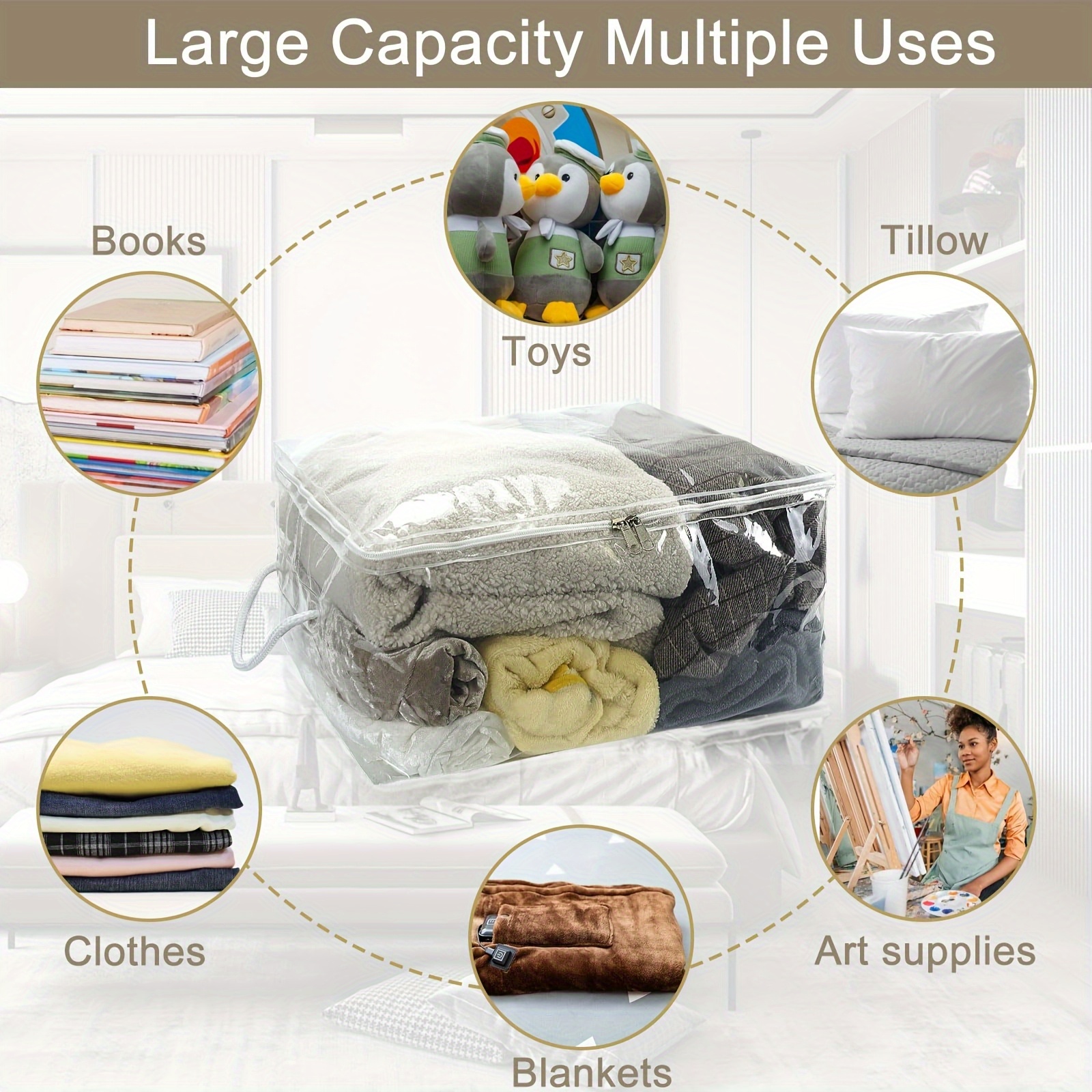 RIKOOI Transparent PVC Storage Bag with Zipper and Handle, Multiple Sizes