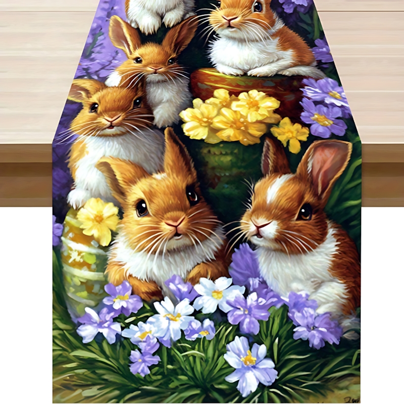 Rabbit And Flower Pattern Table Runner, Easter Table Runner, Personalized Tablecloth, Art Tablecloth, Suitable For , Dining Table Decoration, Holiday Decoration, Room Decoration, Scene Decoration