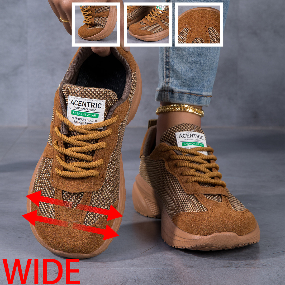 Image of Wide Last Retro Lace-up Casual Shoes, Designed For & Wide Feet, Toe Box, Breathable Mesh Upper, Soft Non-slip Wear-resistant Sole, Suitable For Daily , Campus Outfits And Light Sports
