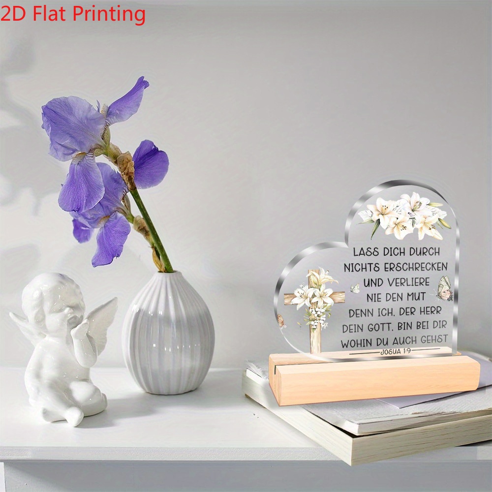 2d Flat - [2d Flat] A 2d Heart-shaped Cross Acrylic Desktop Decoration Featuring The Inspirational Scripture From Joshua 1:9, "