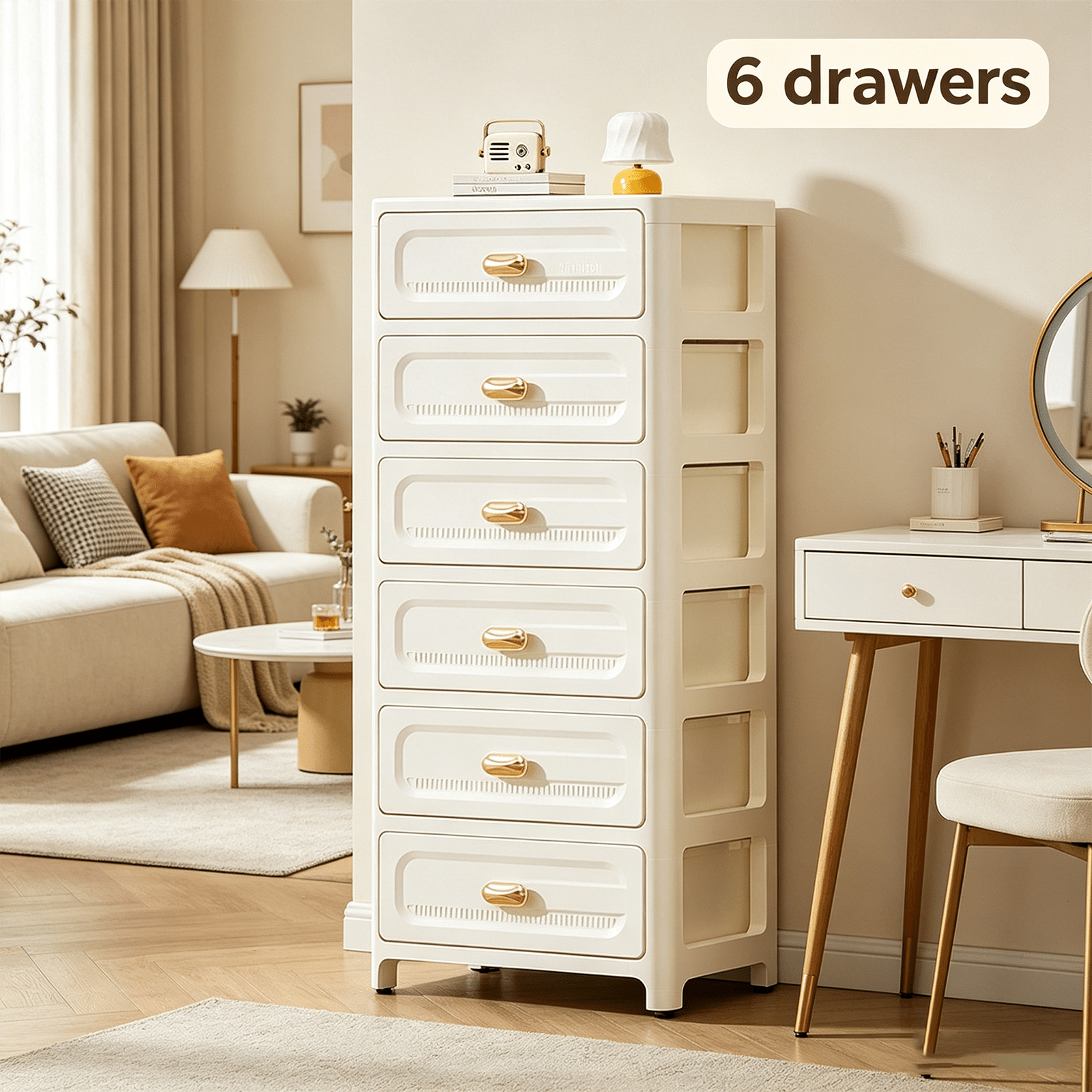Mobile Storage Cabinet With 4 Rolling Wheels, Cream White 6 Drawers Plastic Storage Unit, Multi Purpose Drawer Organizer For Bedroom Kitchen Office, For Storing Cosmetics, Snacks And Daily Supplies