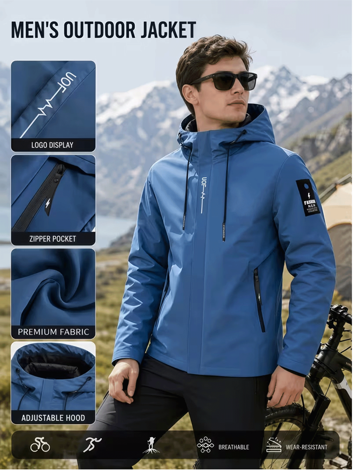 Men's Plain Print Full-Zip Hooded Jacket for Outdoor Activities