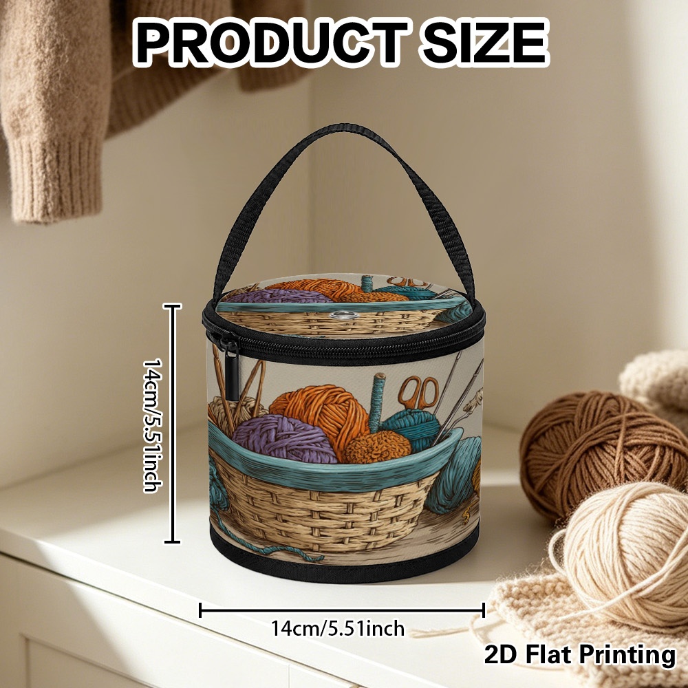 TEMU (2d Flat) 1pc Compact Yarn Storage Bucket With Yarn Basket And Knitting Tools Artwork, Foldable Zippered Knitting Bag, Wool Organizer For Home