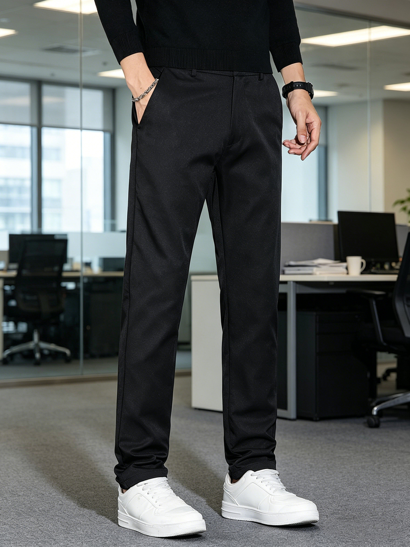 Men'S Khaki Stretch Business Casual Pants, Slim Fit Straight Leg Trousers, Office Daily Wear Chinos
