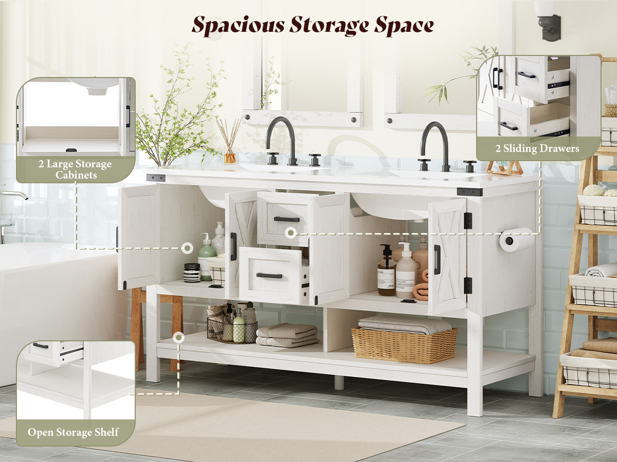60 inch   double sink bathroom vanity with cabinets drawers open shelf mdf suitable for family bathrooms space saving   low maintenance for resale value Product details 0