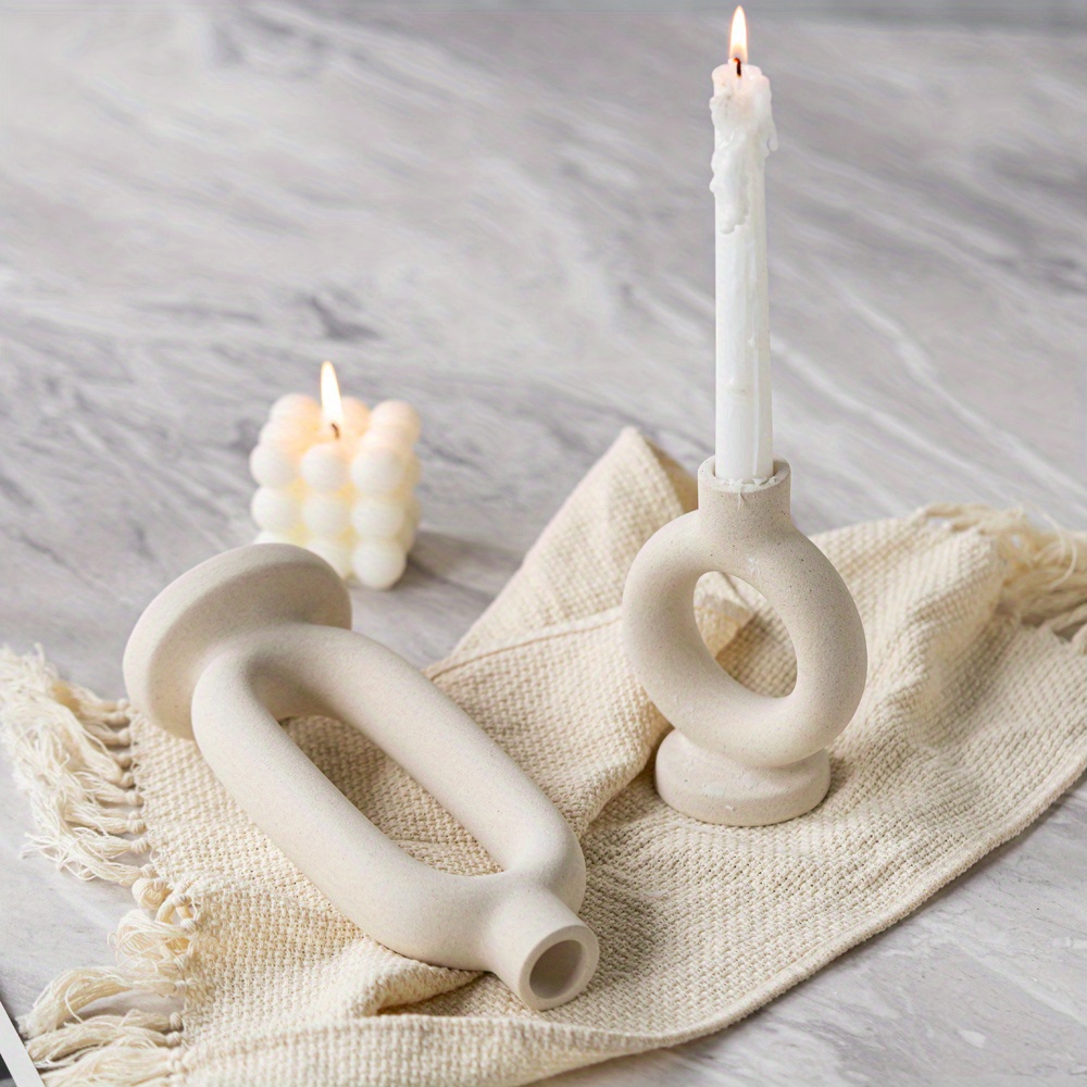 1pc Elegant Ceramic Candle Holder - Modern Minimalist Tabletop Decor with Open Circle Design, Beige/Neutral Tones for Dining Room, Living Room, Office - Durable Ceramic Construction, Compatible with Real or Electronic Candles - Home Decoration Cente