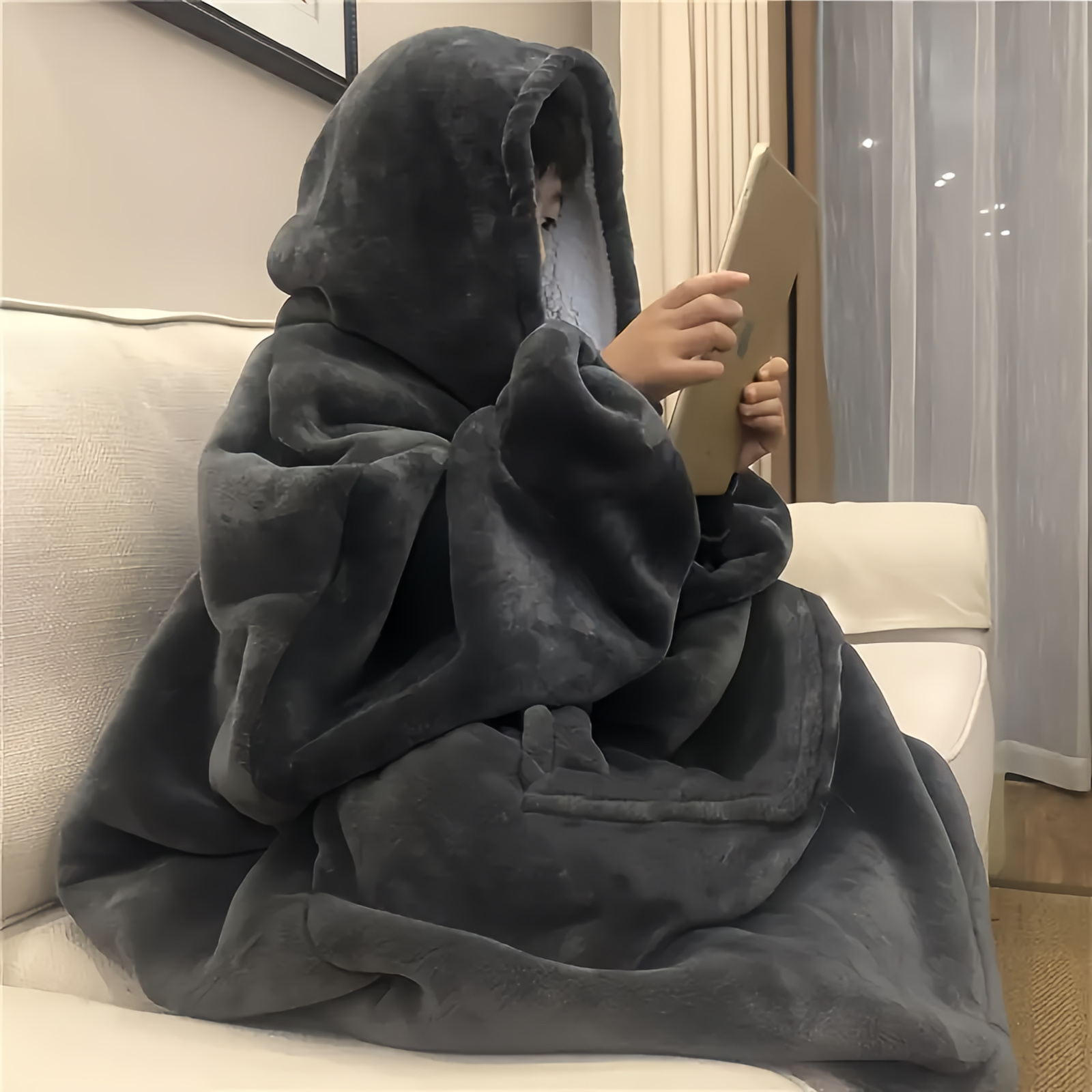 TEMU Super Soft Comfortable Blanket Hoodie-bathrobe, Plush With Sleeves And Huge Pockets, Machine Washable - Grey, Christmas Gifts