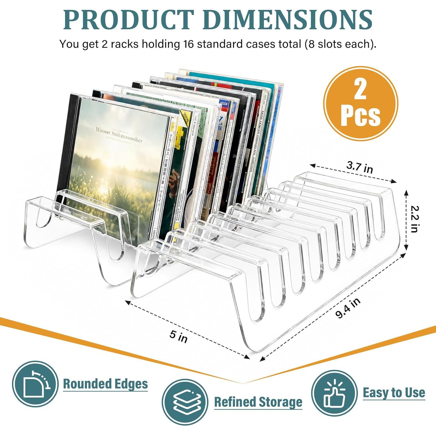 TEMU 2-delige set transparante acryl CD-rekken - Geschikt voor DVD/CD-display, CD-opslag en vinylplaatopslag, capaciteit voor maximaal 14 stuks