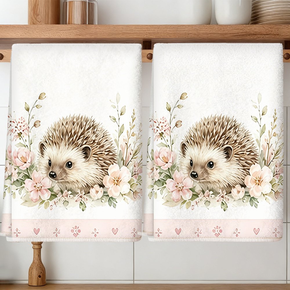 TEMU 2pcs Hedgehog Floral Microfiber Kitchen Towels Suitable For Cleaning, Soft Absorbent Dish Cloths With Modern Decorative Dish Towel, Decorative