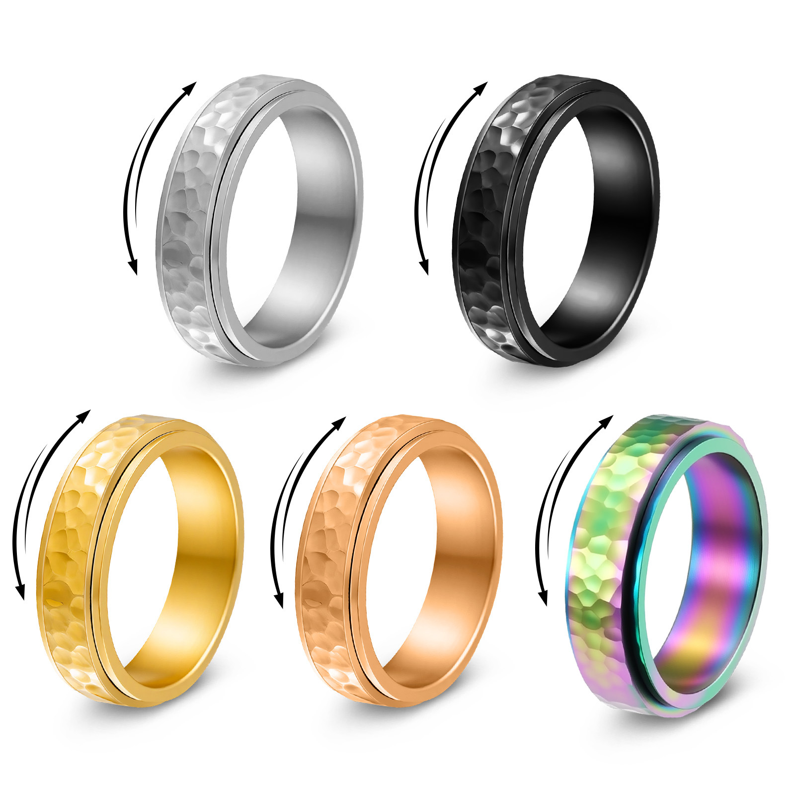 TEMU 5pcs 201 201 Stainless Steel Rotating Ring Set For Men And Women, Featuring Stress- Irregular Patterns, Perfect As A Valentine's Day Gift