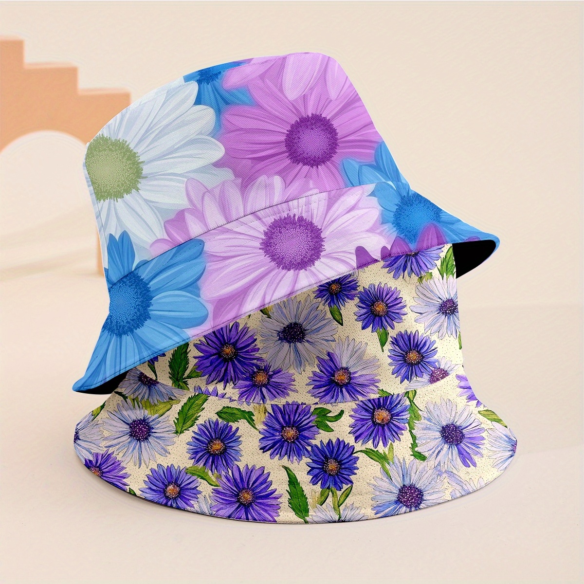 TEMU 2-pack Printed Reversible Bucket Hats, Featuring Purple Floral, Blue Floral, And Green Leaf Patterns. Sewing Thread Colors Are . Stylish And