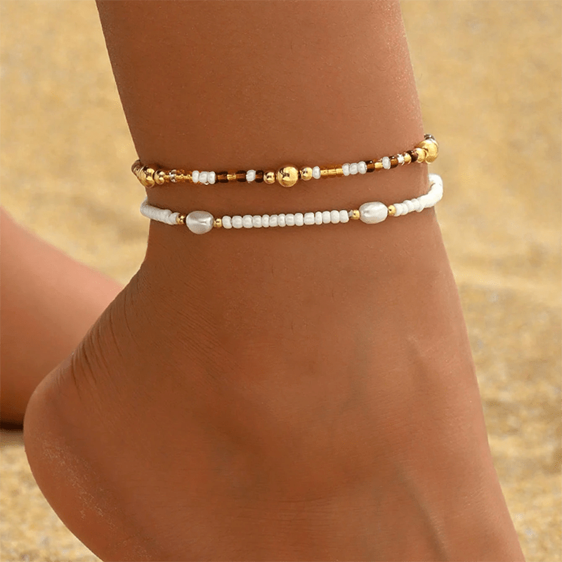 Image of 2pcs Summer Bohemian Style Brown Beaded Anklet Set, Beach Vacation Golden Beaded Anklet Set For Women, Glass Material, Summer Beach Vacation, Summer Anklet