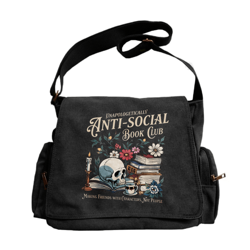 TEMU Large Capacity Vintage Tote Crossbody Messenger Bag | " Anti Social Book Club" Skull And Book Bouquet Print, Ideal For Reading Enthusiasts And