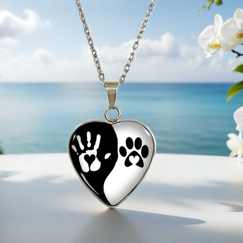 Image of Yin Yang Handprint Dog Paw Print Pattern Heart-shaped 304 304 Stainless Steel Pendant Necklace Fashion Popular Jewelry Gift