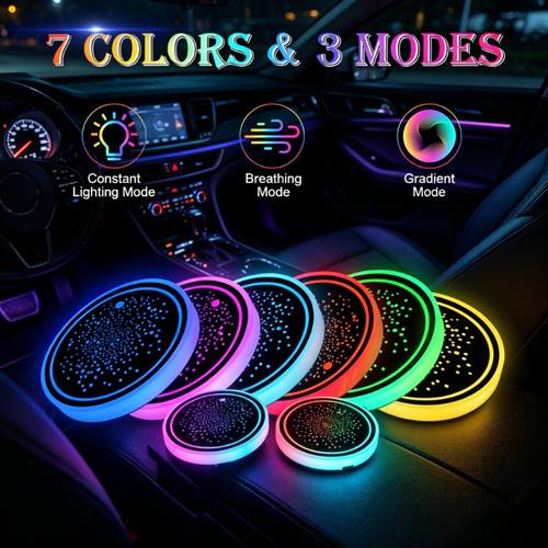 USB Rechargeable LED Cup Holder Coasters 1 Pack, Multicolor Luminous Car Interior Ambient Lights for Decoration