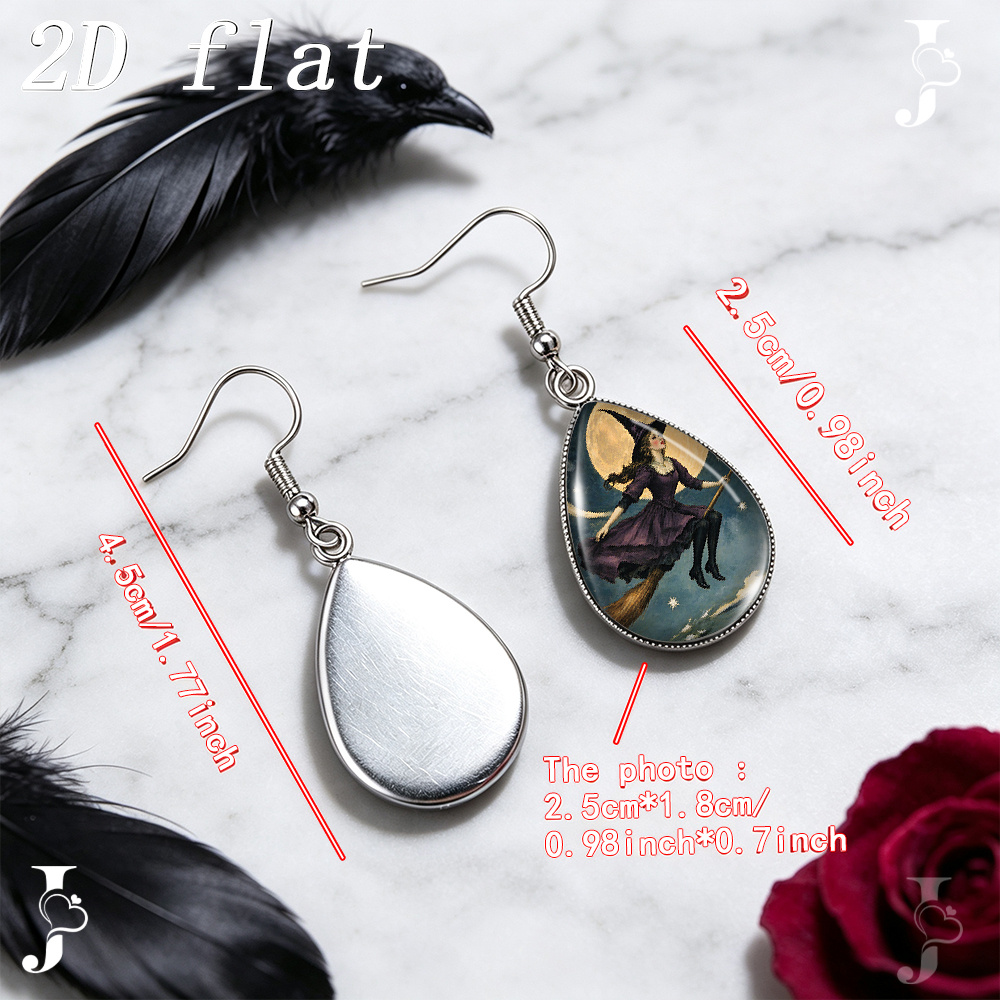 Teardrop Dangle Earrings with Vintage Witch Pattern