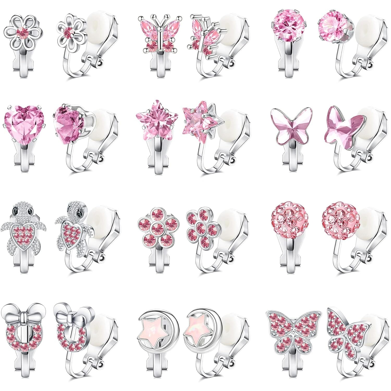 12pairs Cute Clip On Earrings For Women Hypoallergenic Colorful Clip Stud Earrings Heart Flower Rainbow Clip-on Non Pierced Earrings Set Pink
