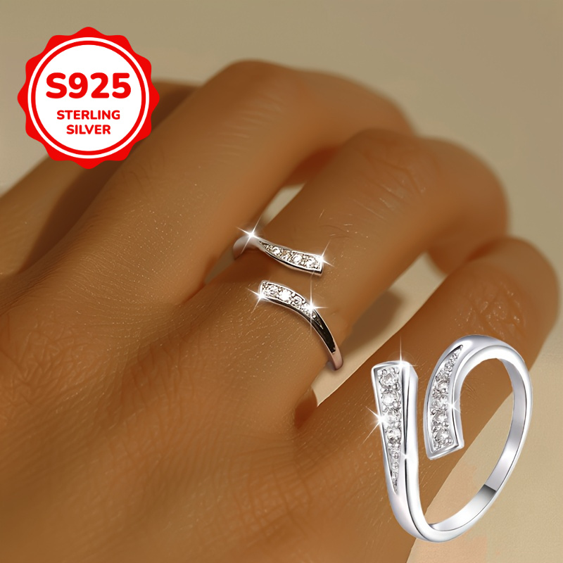 

[1pc S925 Sterling Silver ] 1pc Elegant S925 Sterling Silver Adjustable Ring, Sexy Open Band With Sparkling Cubic Zirconia, Hypoallergenic, & Gifting, Valentine's Day Special - All