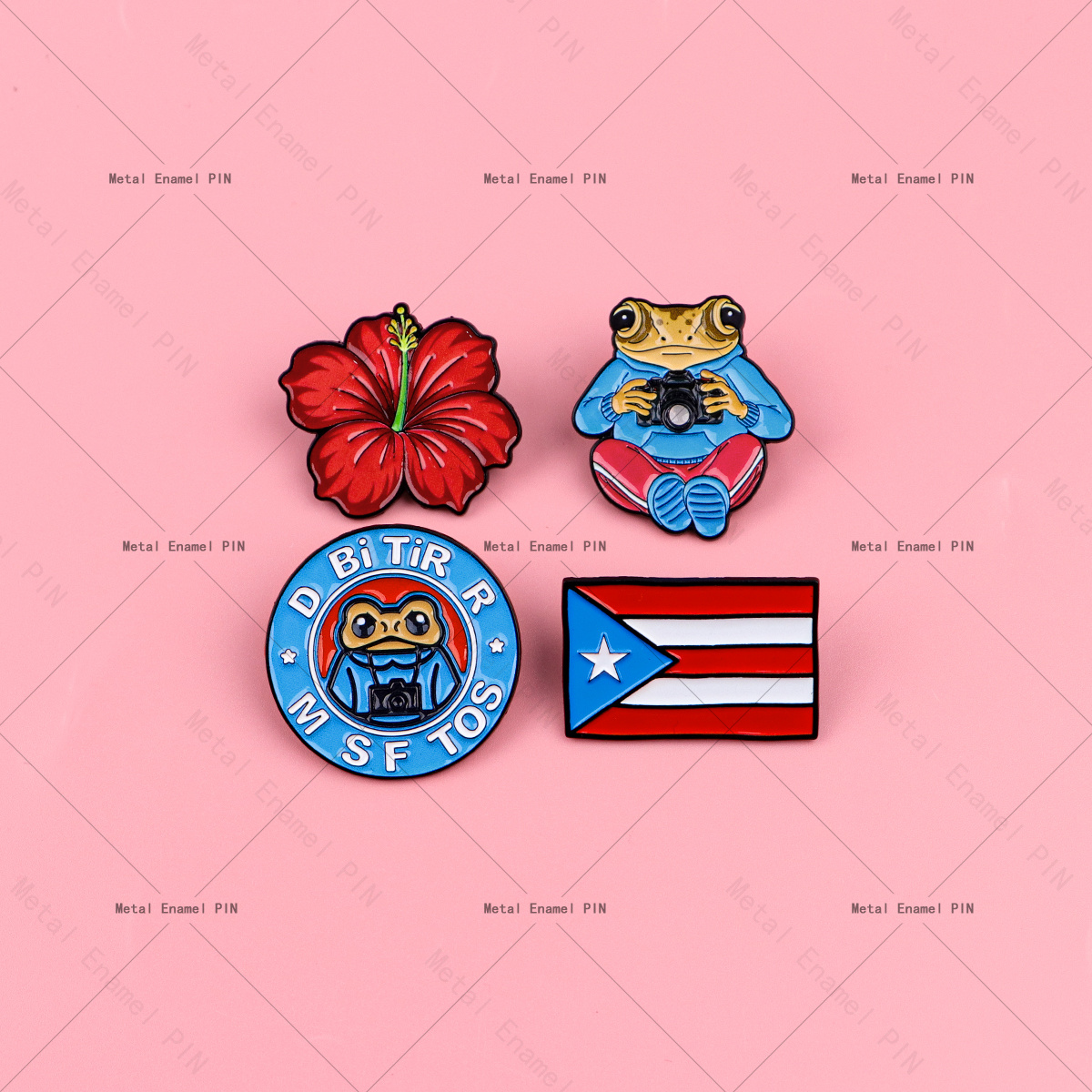 TEMU Set Of 4 Enamel Pins Featuring Puerto Frogs And Hibiscus, Adorable Cartoon Brooches For Bags And Jackets