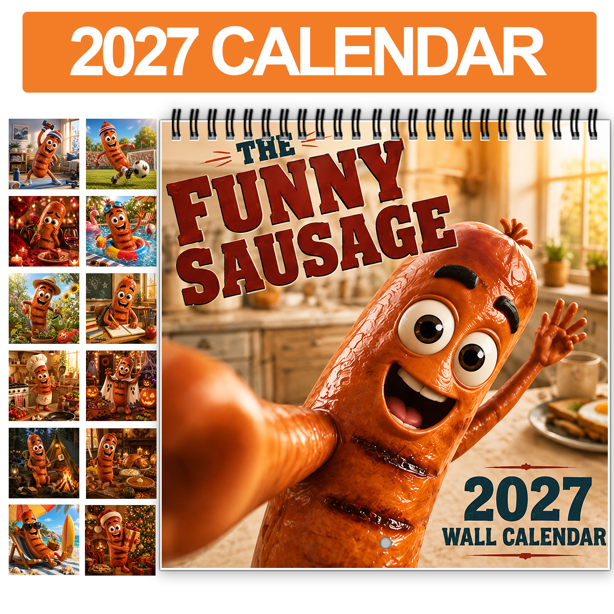 TEMU 2027 Funny Sausage Wall Calendar, 12-month Humorous Cartoon Sausage Calendar With Hilarious Seasonal Adventures, Spiral-bound Hanging Calendar