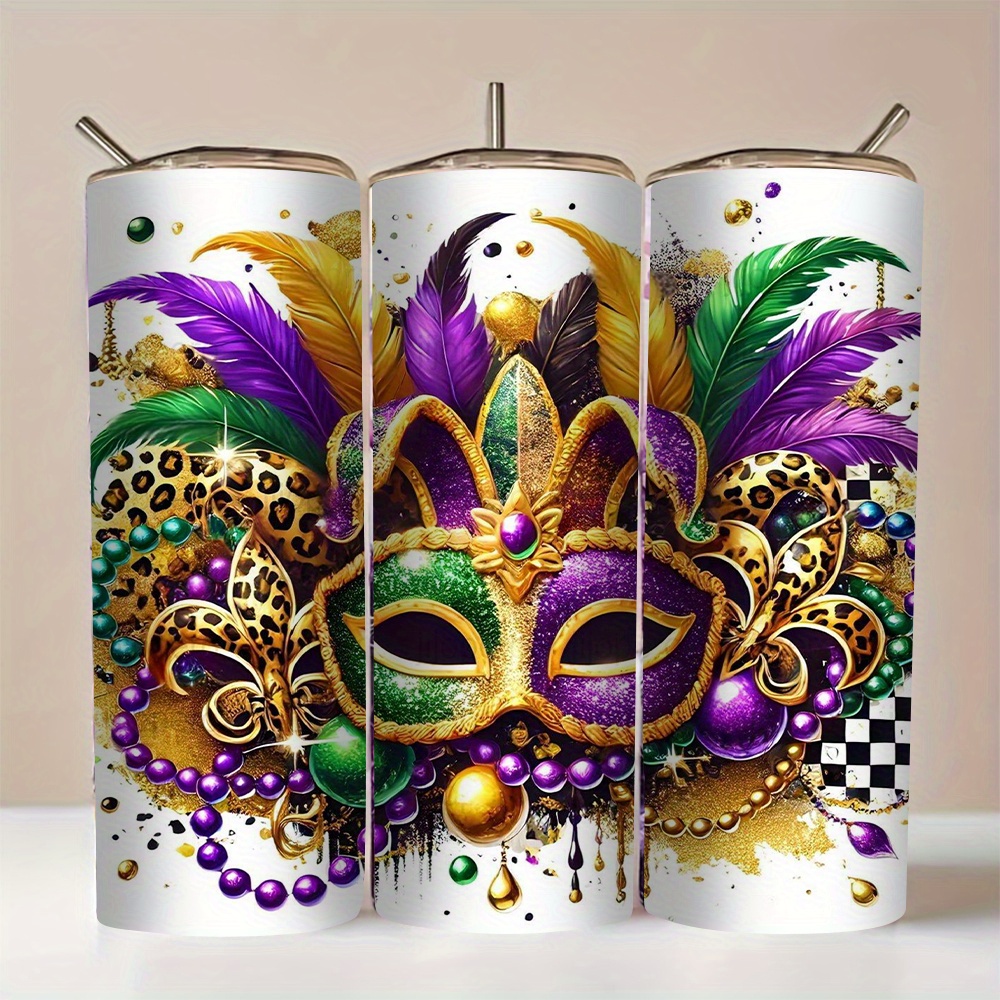 

1pc 20oz Mardi Gras With Lid And Straw, Insulated Stainless Steel Cup, Suitable For Use At Home, In Cars, And Outdoor Sport, Friendly, Ideal For Christmas, New Year, And Valentine's Day