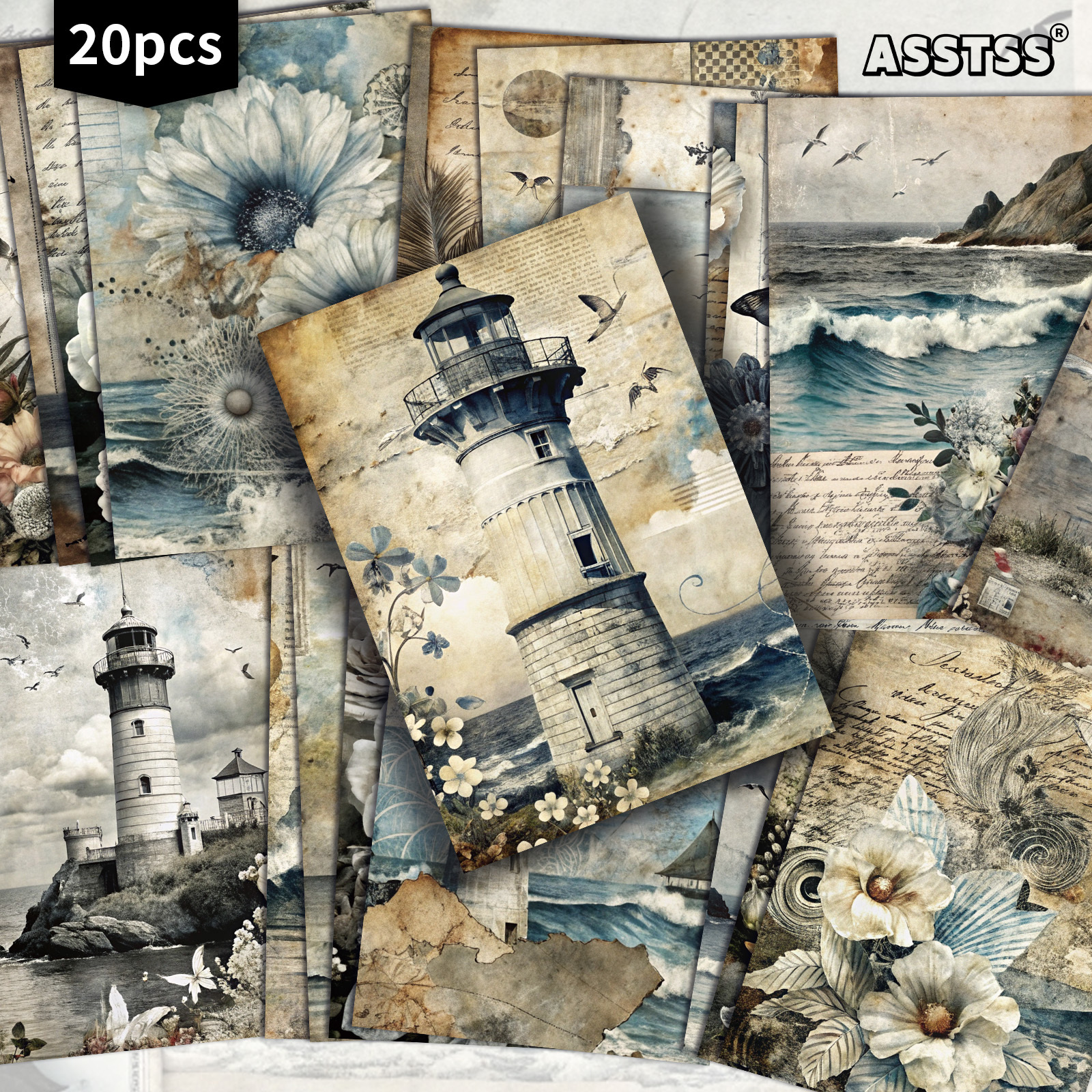 TEMU 20-pack Asstss Lighthouse, Ocean, Flowers Gift Cards - 4x6 Inches Retro Junk Journal Paper, Classic Pinup Illustrations, Collectible Decorative