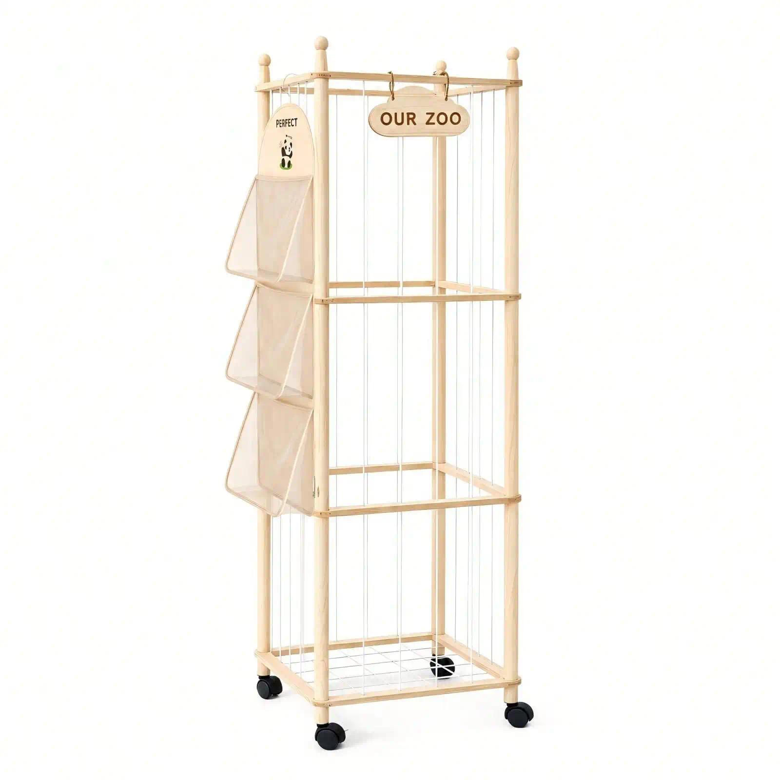 TEMU Mobile Storage Shelf With Wheels - Vertical Room, Space-saving Mobile Cabinet With 3 Mesh Pockets & Zoo-themed Suitable For, / Room, Christmas &
