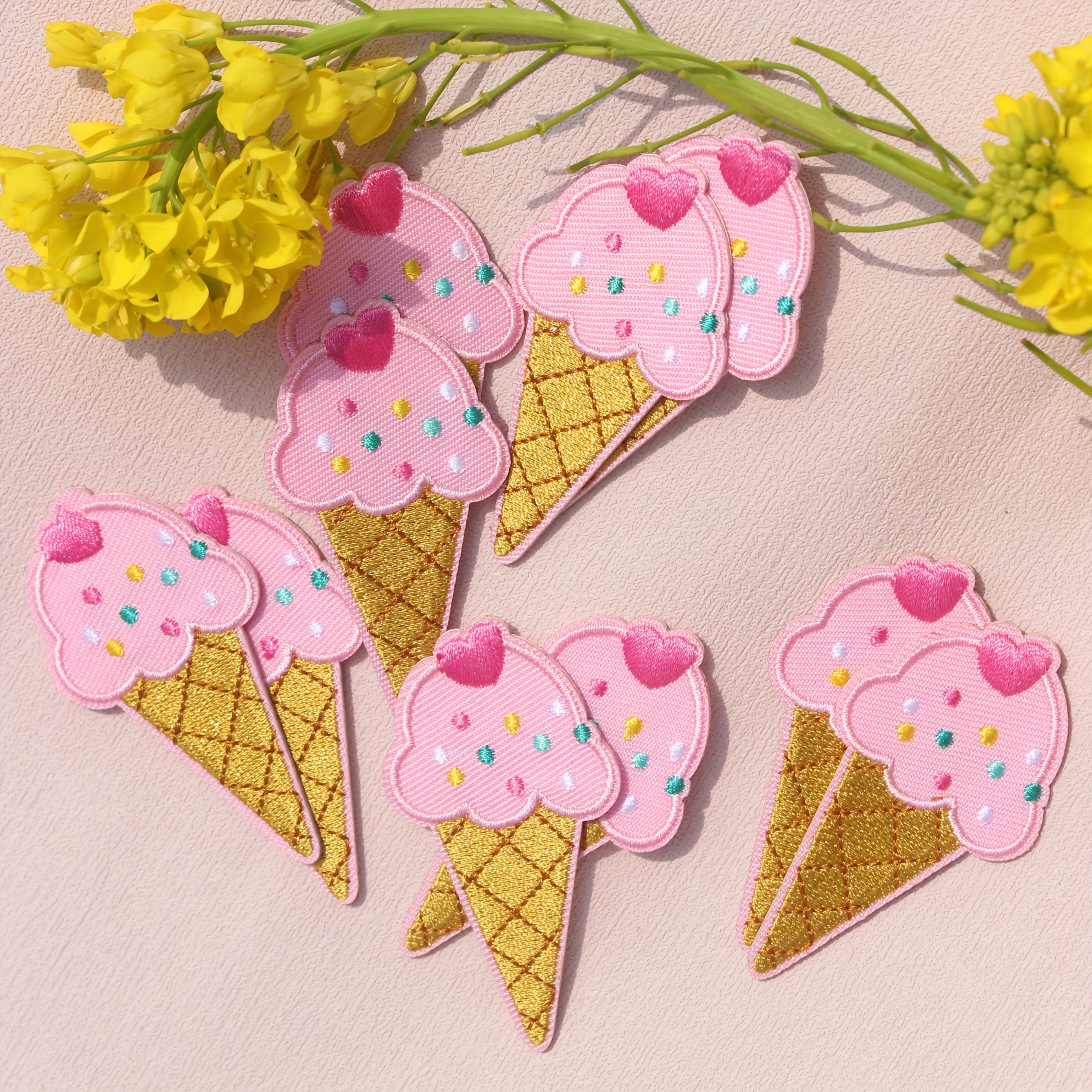 Image of 10 Cartoon Ice Cream Patches With Heart And Colorful Dot Elements, Self-adhesive Embroidery For Clothing Additions, Shoes, Hats, Bags, And Socks