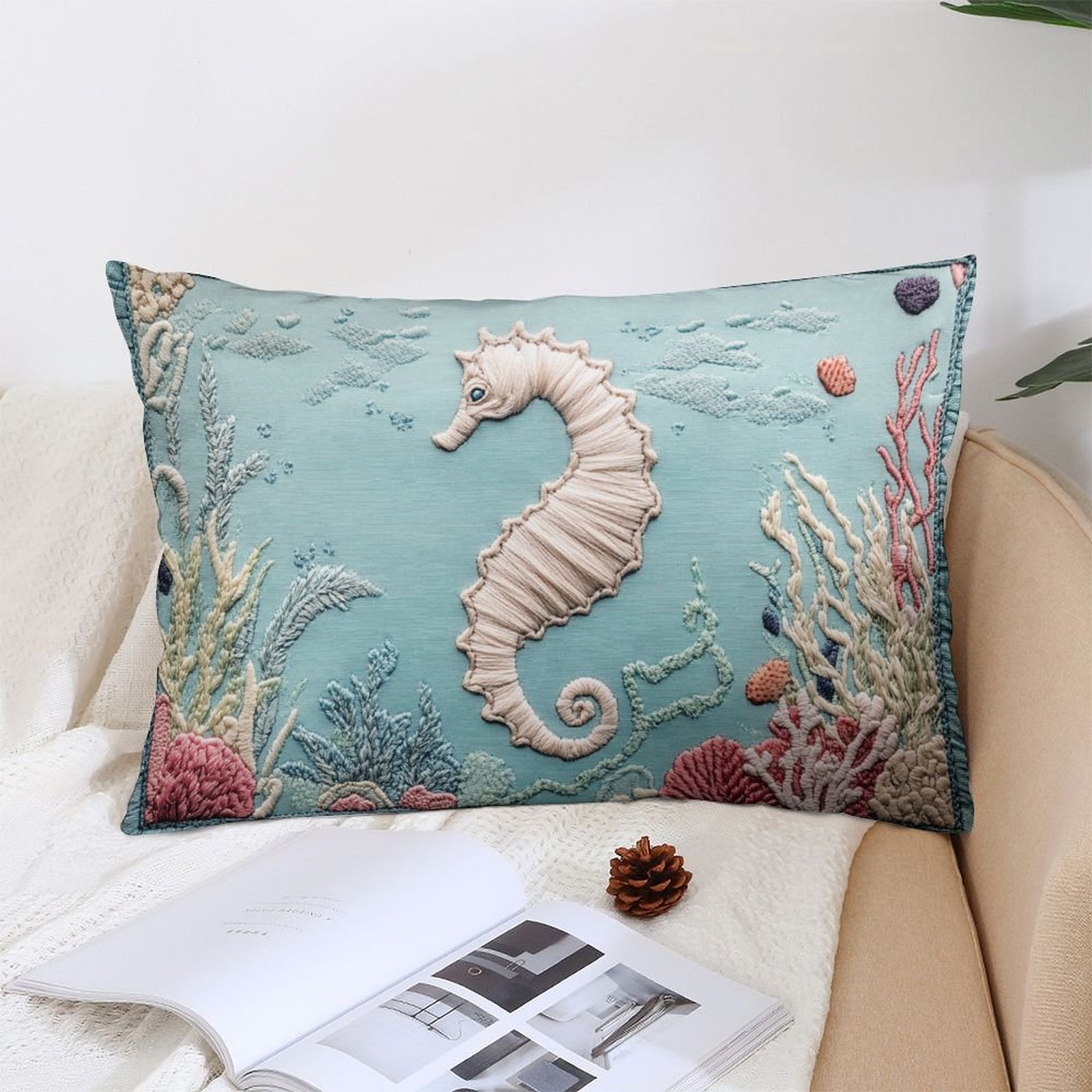 

[1pc Embroidered Throw Pillow Cover] 1pc Style Embroidered Throw Pillow Cover, Soft Polyester, Machine Washable, Woven Zippered Cushion Case, 12x20 Inch, With For Sofa, Bedroom, Living Room Decor